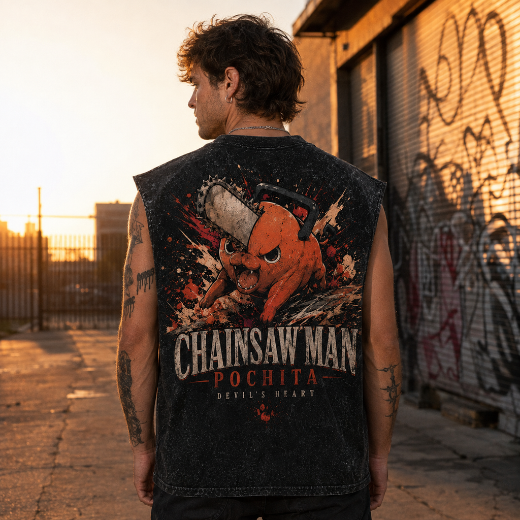 Pochita Chainsaw Man Anime Tank Top - Devil's Heart Acid Wash Vest