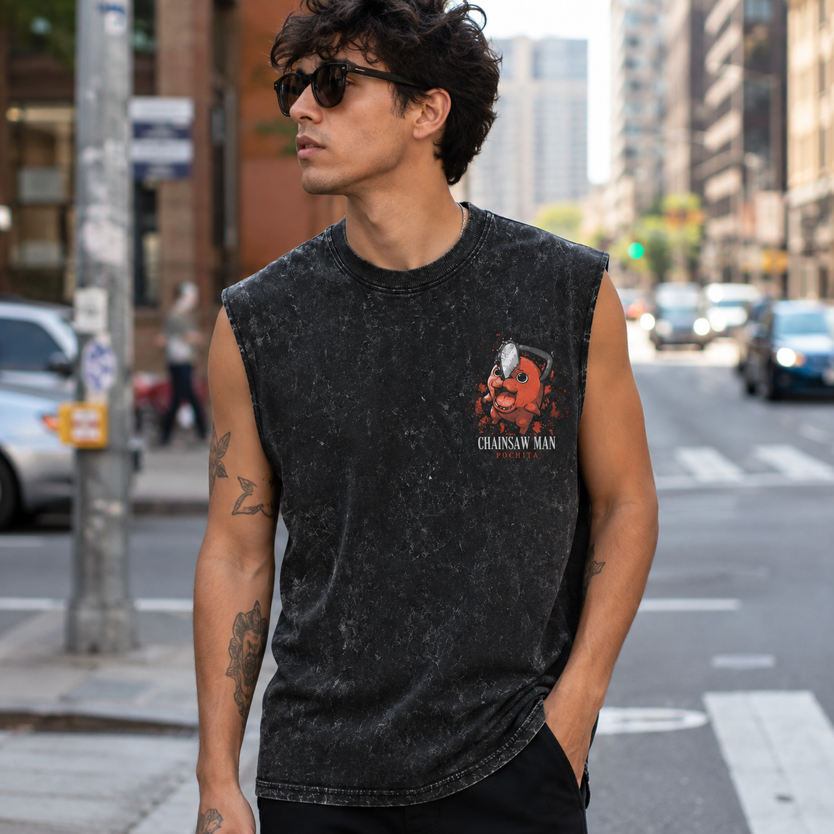 Pochita Chainsaw Man Anime Tank Top - Devil's Heart Acid Wash Vest