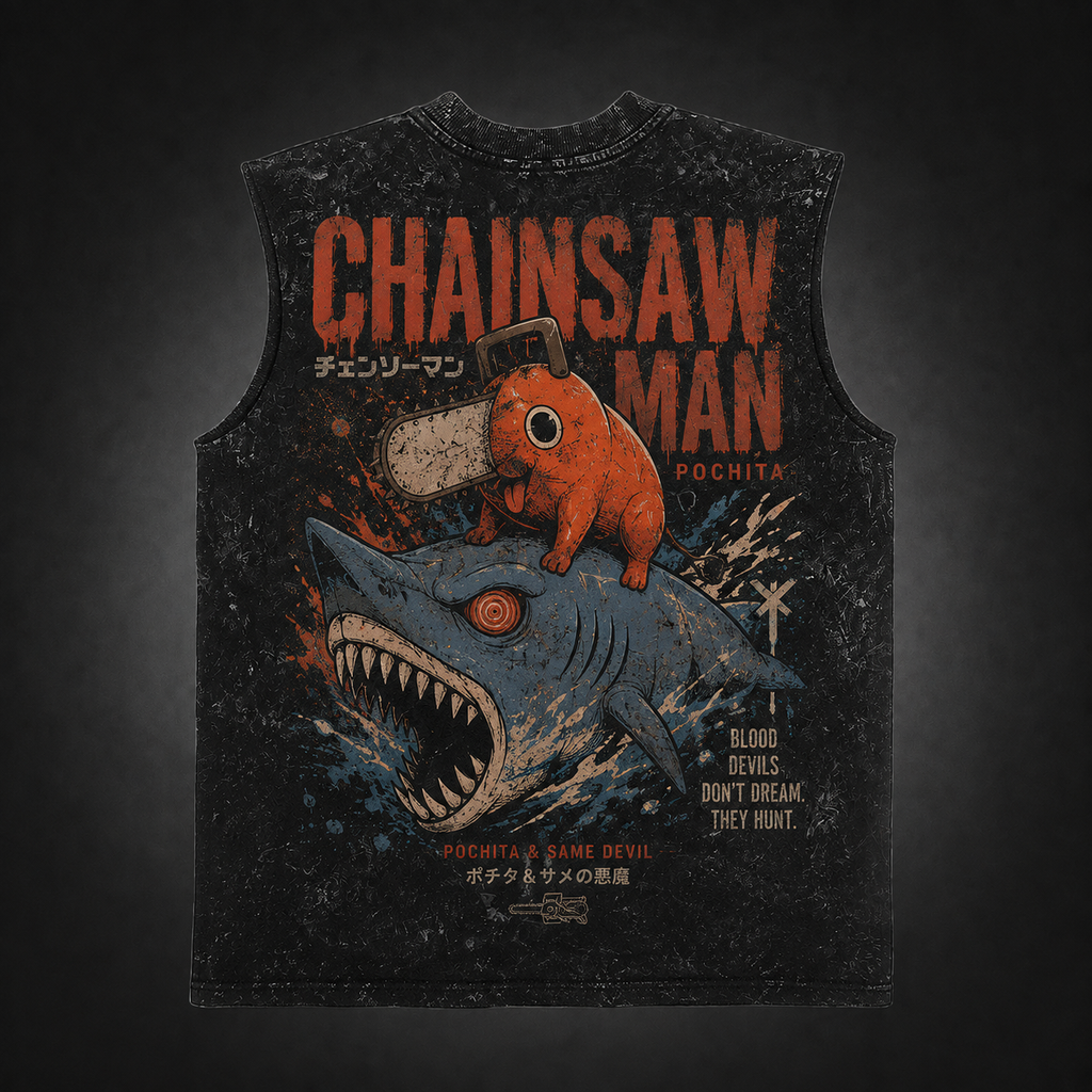 Pochita, Shark Devil (Beam) Chainsaw Man Anime Tank Top - Devils Hunt Acid Wash Vest