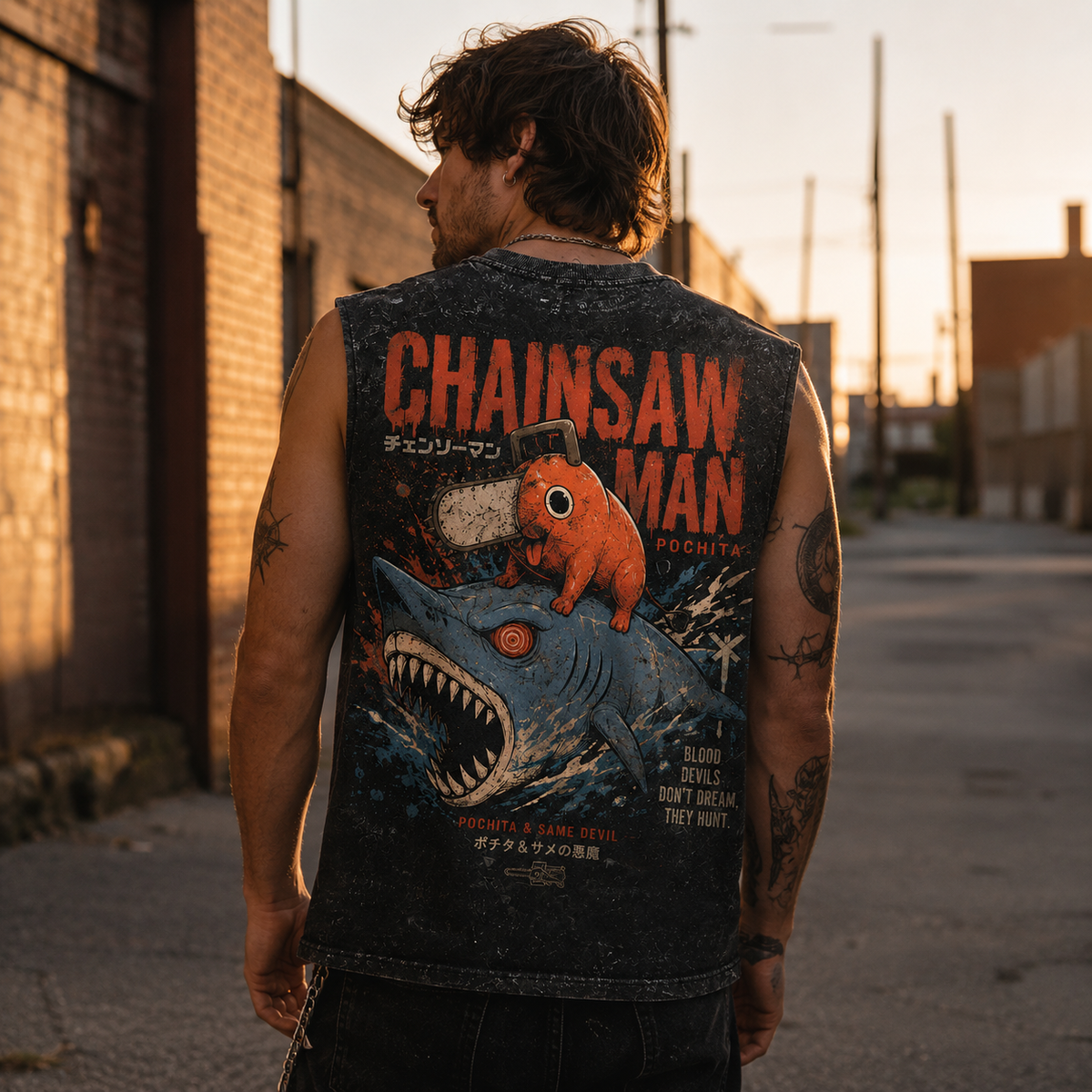 Pochita, Shark Devil (Beam) Chainsaw Man Anime Tank Top - Devils Hunt Acid Wash Vest