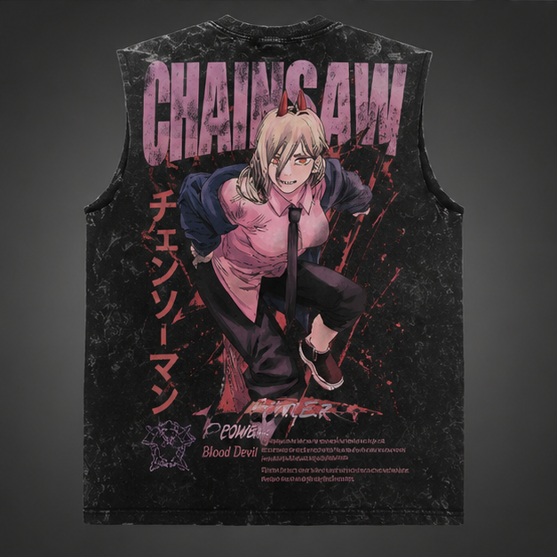 Power Chainsaw Man Anime Tank Top - Blood Devil Acid Wash Vest
