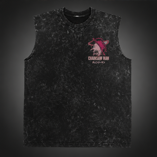 Power Chainsaw Man Anime Tank Top - Blood Devil Acid Wash Vest