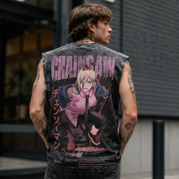 Power Chainsaw Man Anime Tank Top - Blood Devil Acid Wash Vest