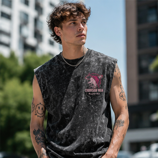 Power Chainsaw Man Anime Tank Top - Blood Devil Acid Wash Vest