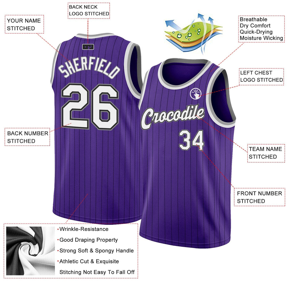 Custom Basketball Jersey - Purple Black Pinstripe White-Gray