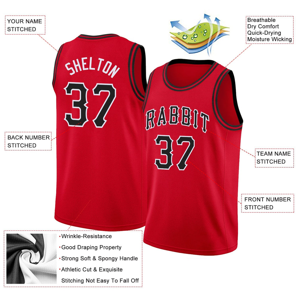 Custom Basketball Jersey - Red Black-White Round Neck Rib-Knit