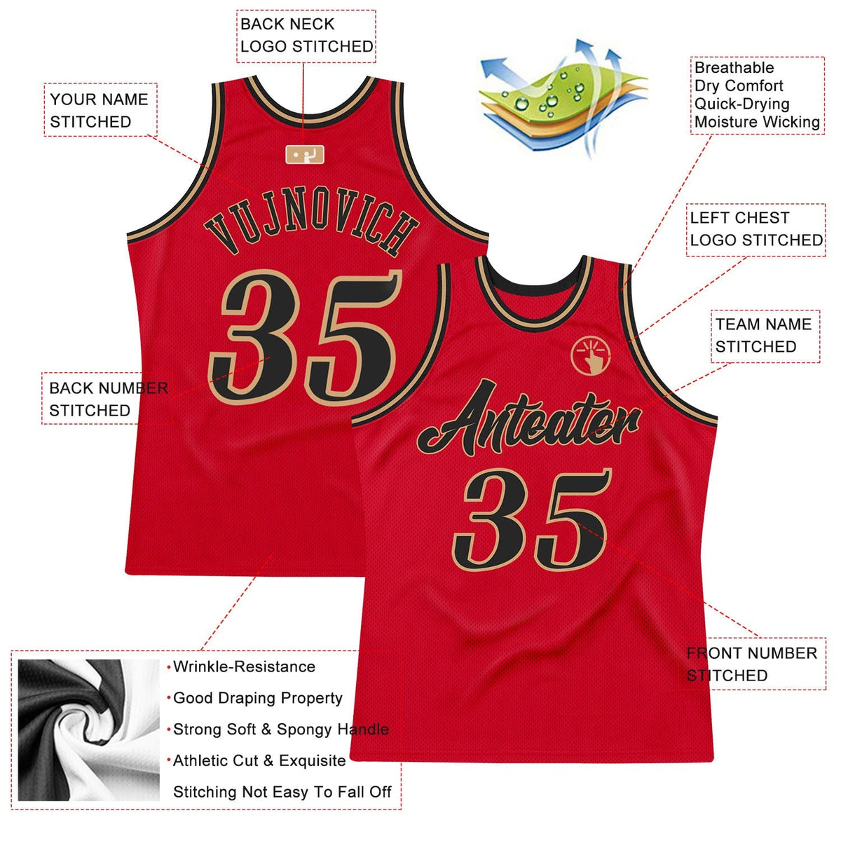 Custom Basketball Jersey - Red Black-Old Gold Throwback