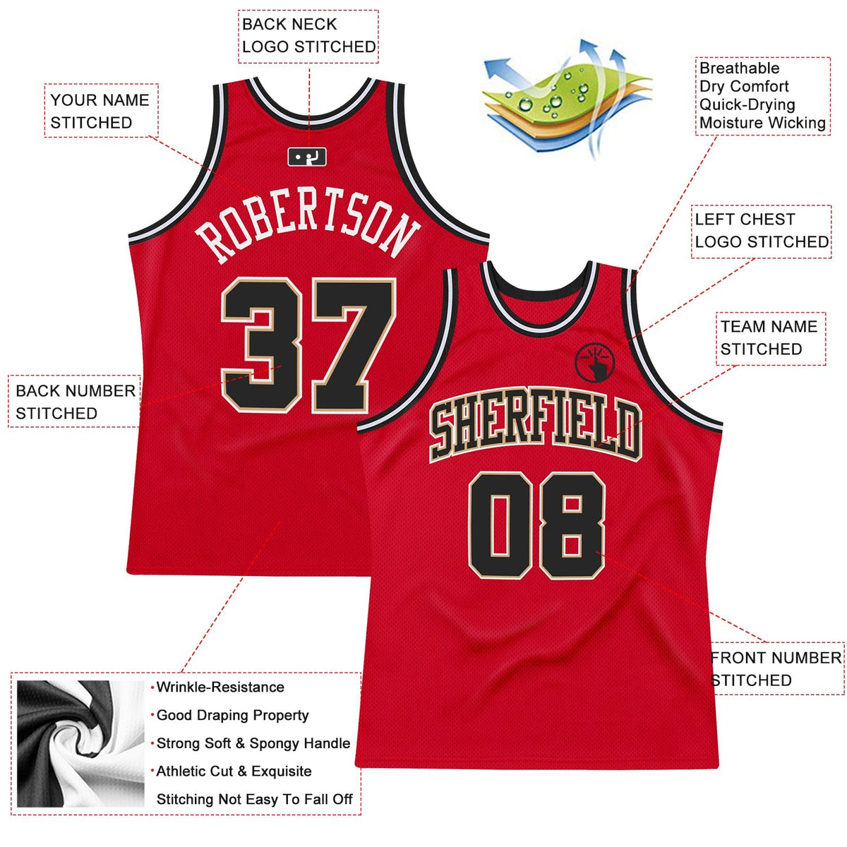 Custom Basketball Jersey - Red Black-White Throwback - Style Red0203