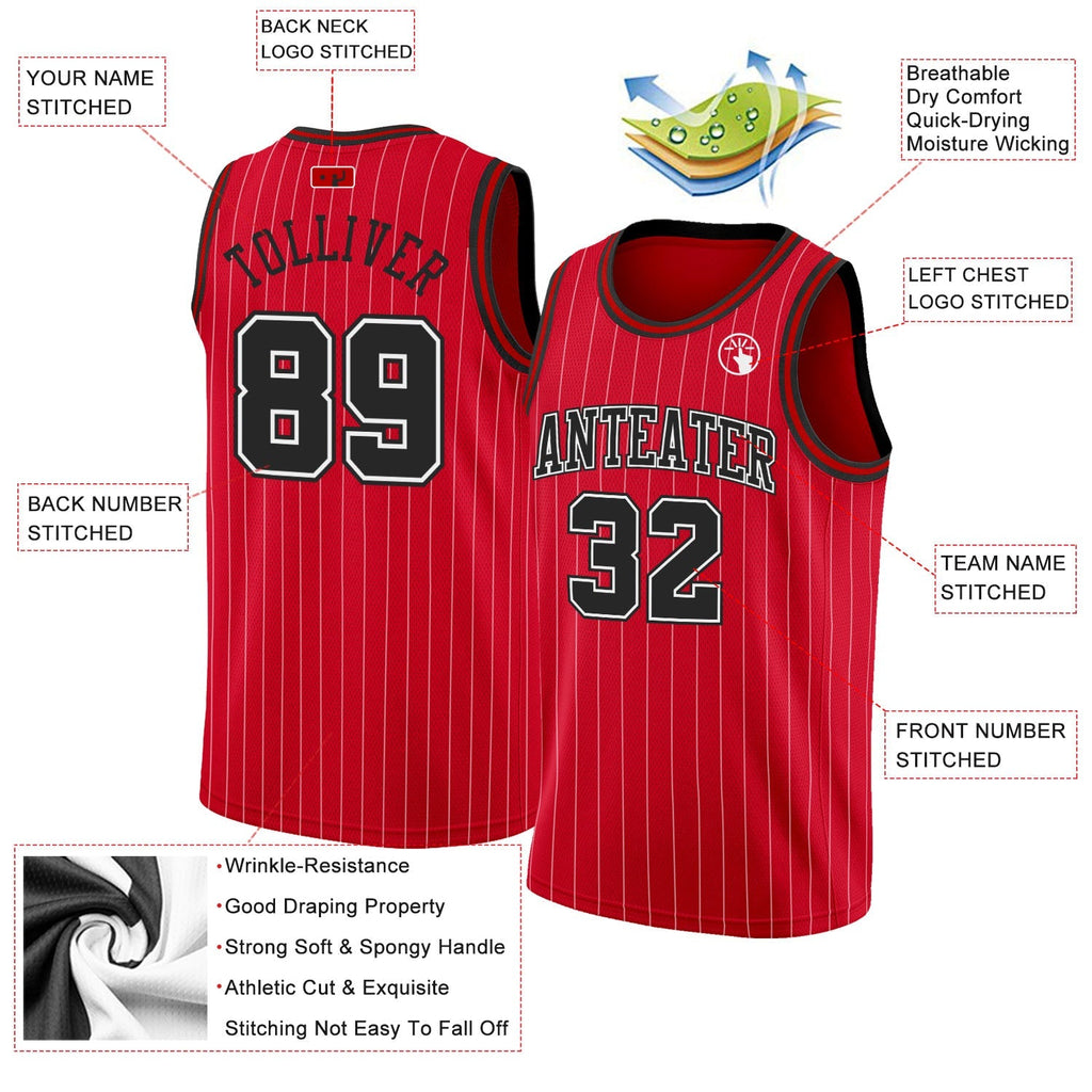 Custom Basketball Jersey - Red White Pinstripe Black-White