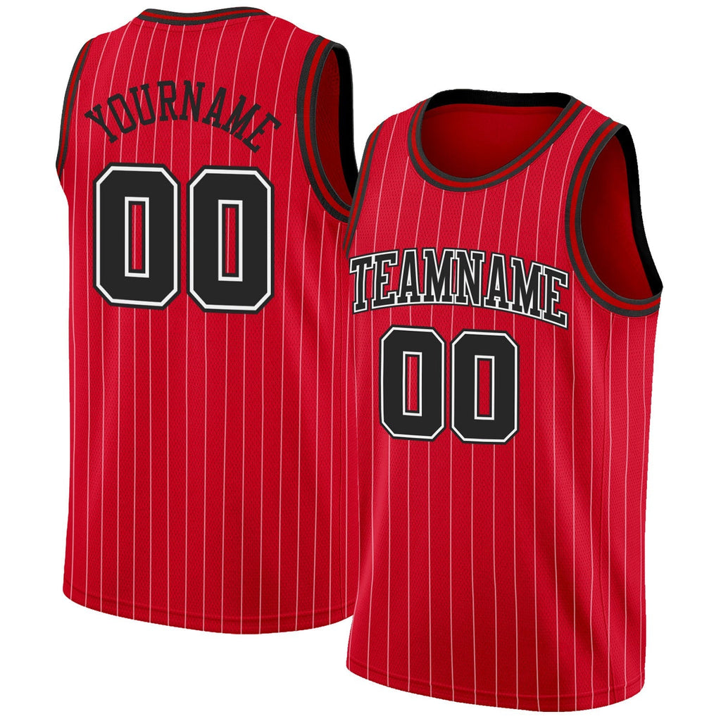 Custom Basketball Jersey - Red White Pinstripe Black-White