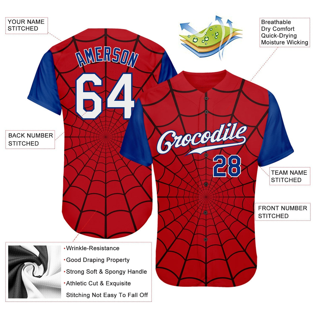 Custom Baseball Jersey - Red White-Royal 3D Pattern Design Spider Web