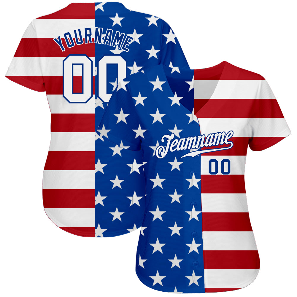 Custom Baseball Jersey - Royal White-Red American Flag Fashion