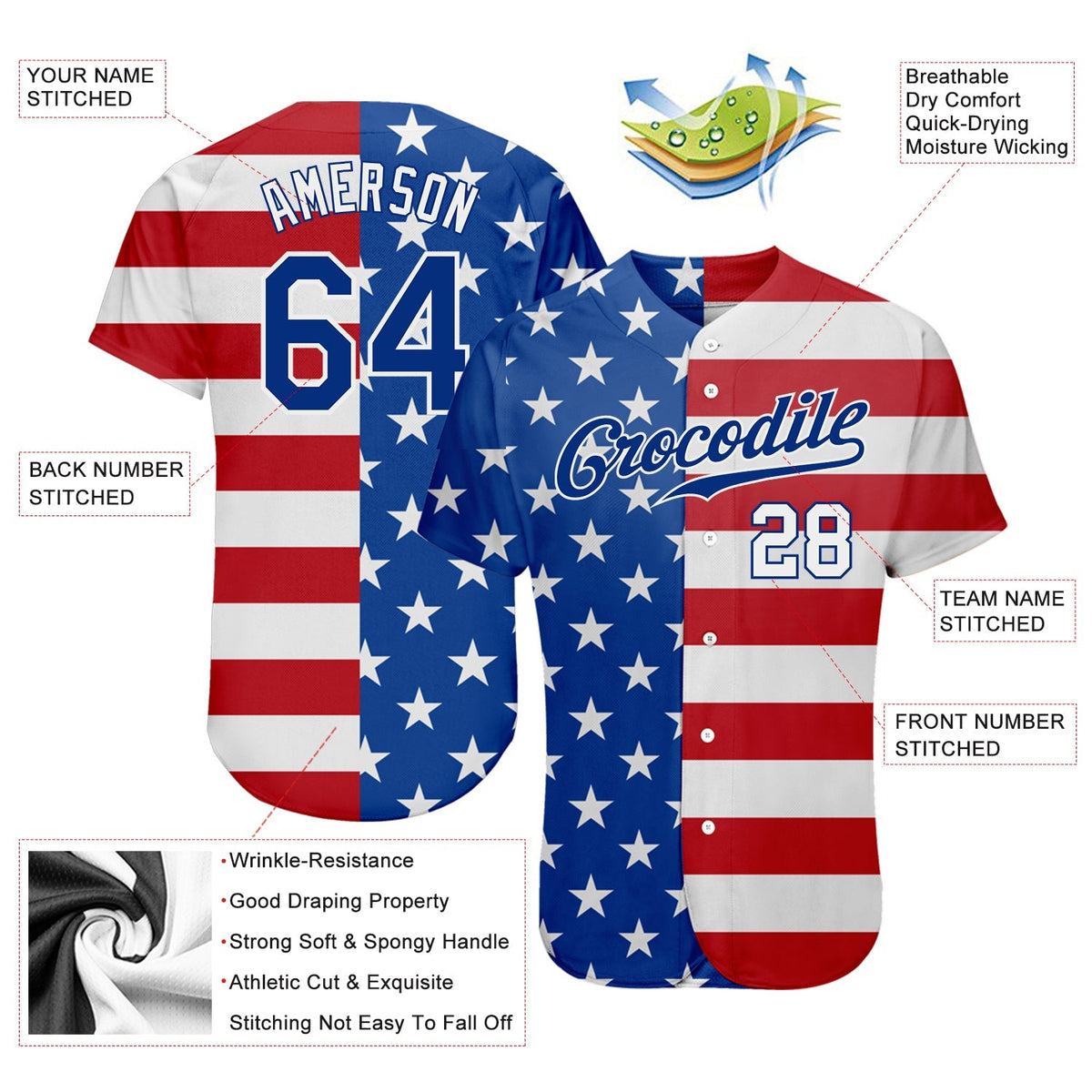 Custom Baseball Jersey - Royal White-Red American Flag Fashion