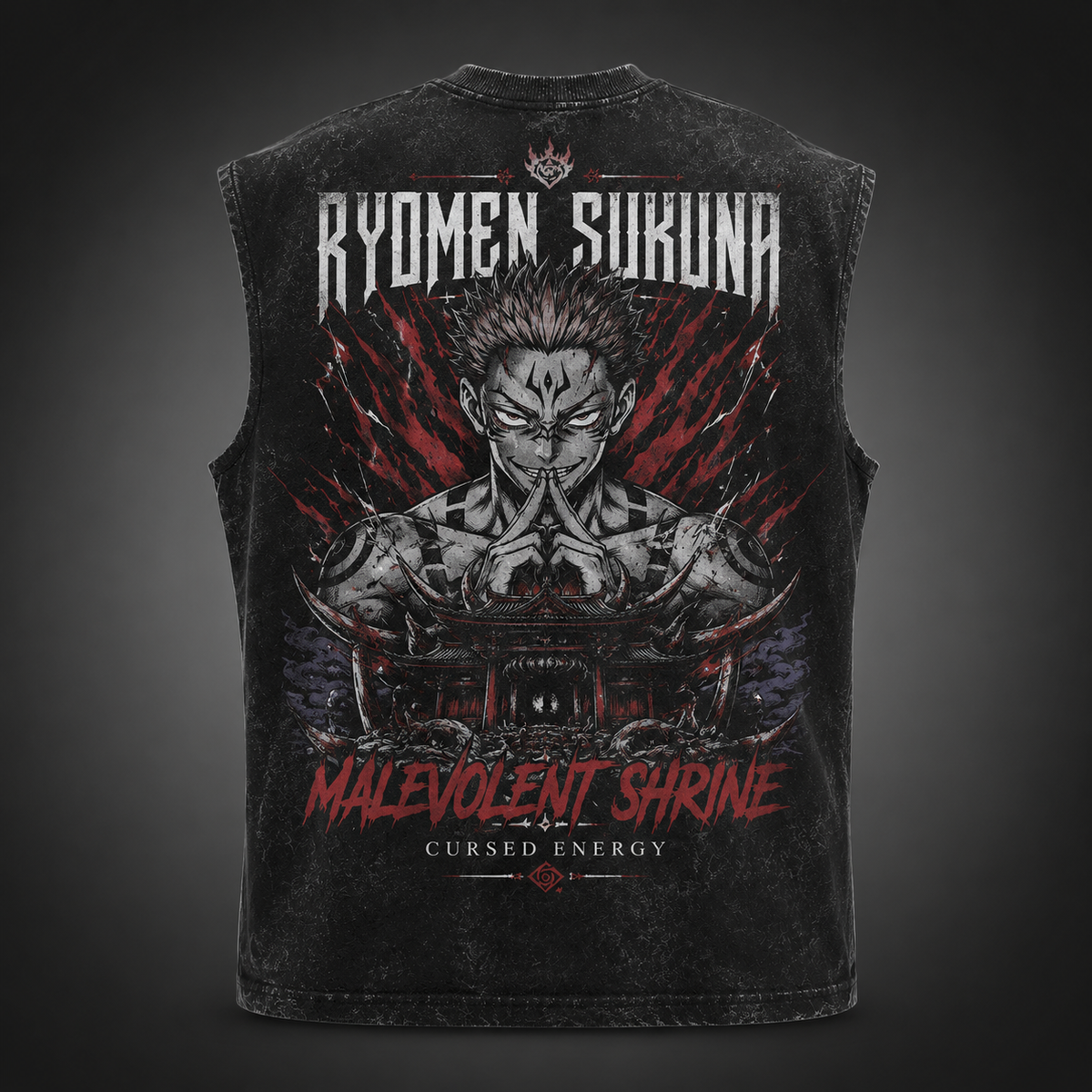 Ryomen Sukuna Jujutsu Kaisen Anime Tank Top - Malevolent Shrine Acid Wash Vest - Style 02