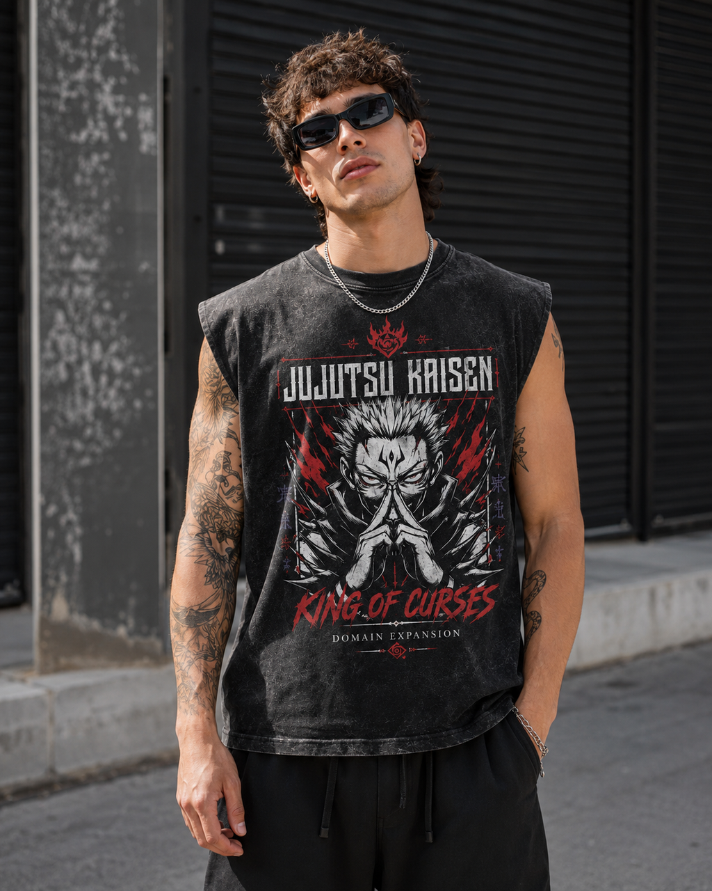 Ryomen Sukuna Jujutsu Kaisen Anime Tank Top - Malevolent Shrine Acid Wash Vest - Style 02