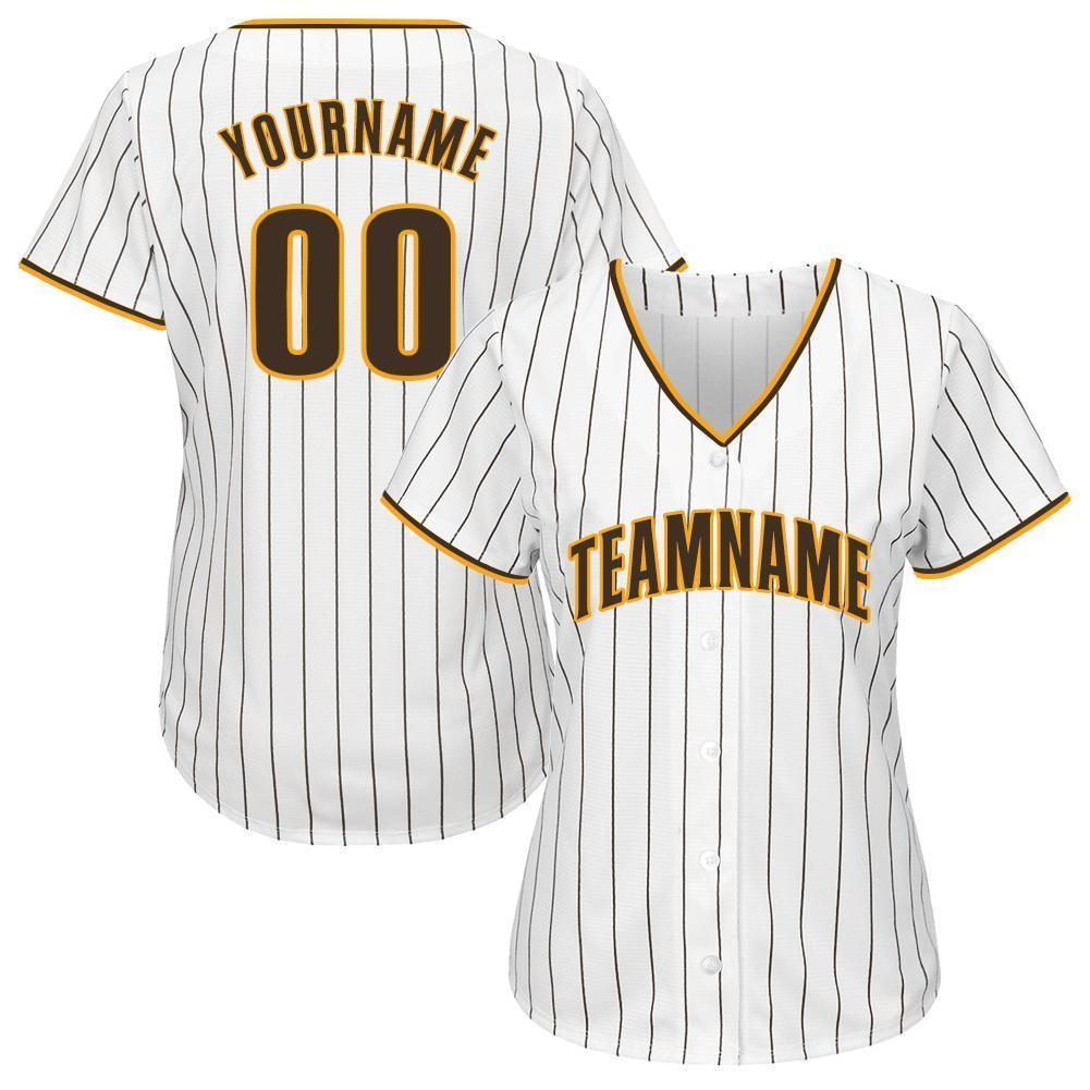 Custom Baseball Jersey - White Brown Pinstripe Brown-Gold