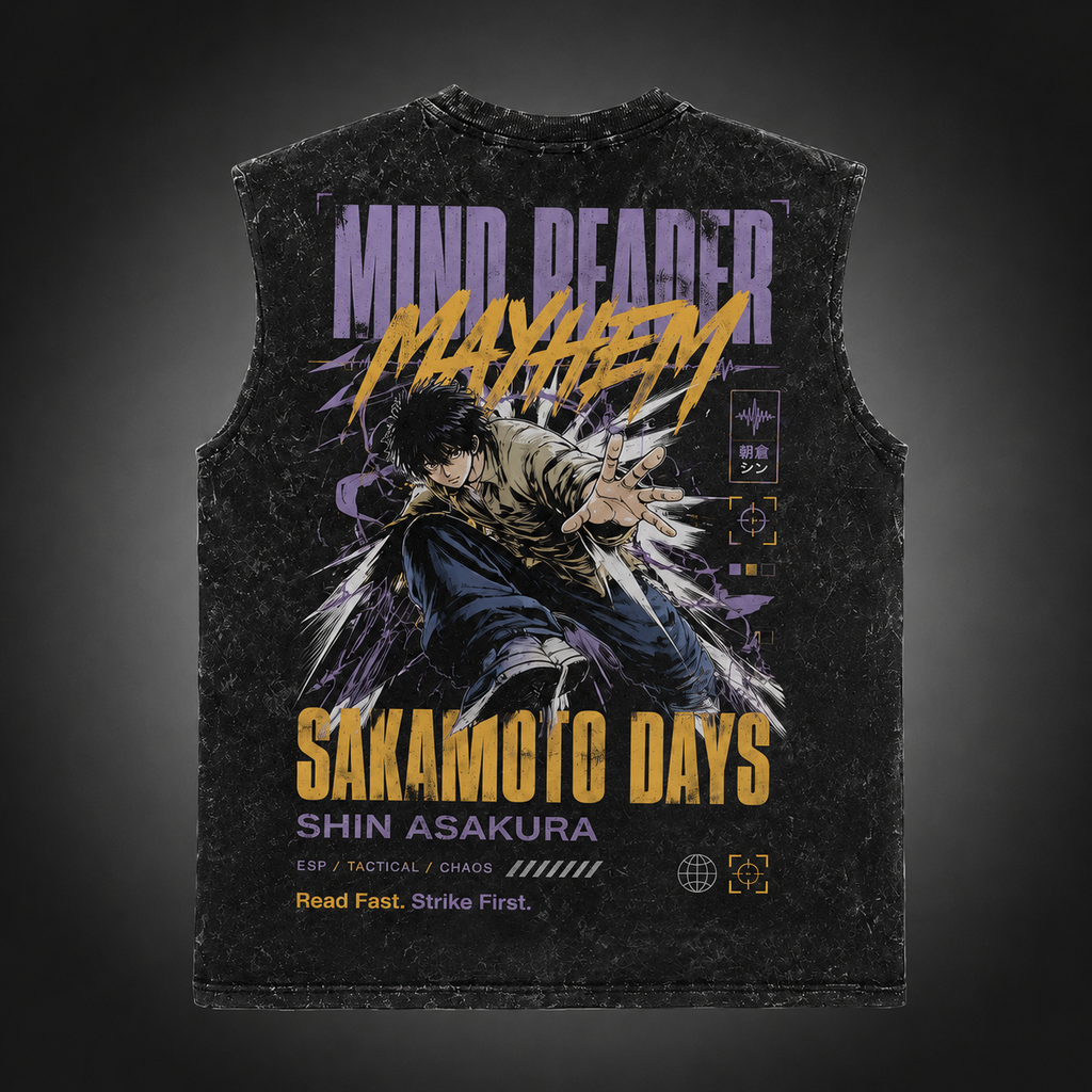 Shin Asakura Sakamoto Days Anime Tank Top - Mind Reader Mayhem Acid Wash Vest