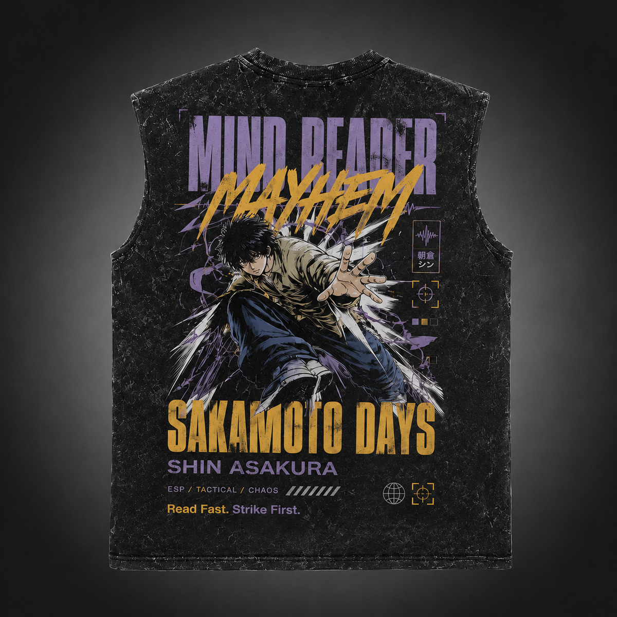 Shin Asakura Sakamoto Days Anime Tank Top - Mind Reader Mayhem Acid Wash Vest