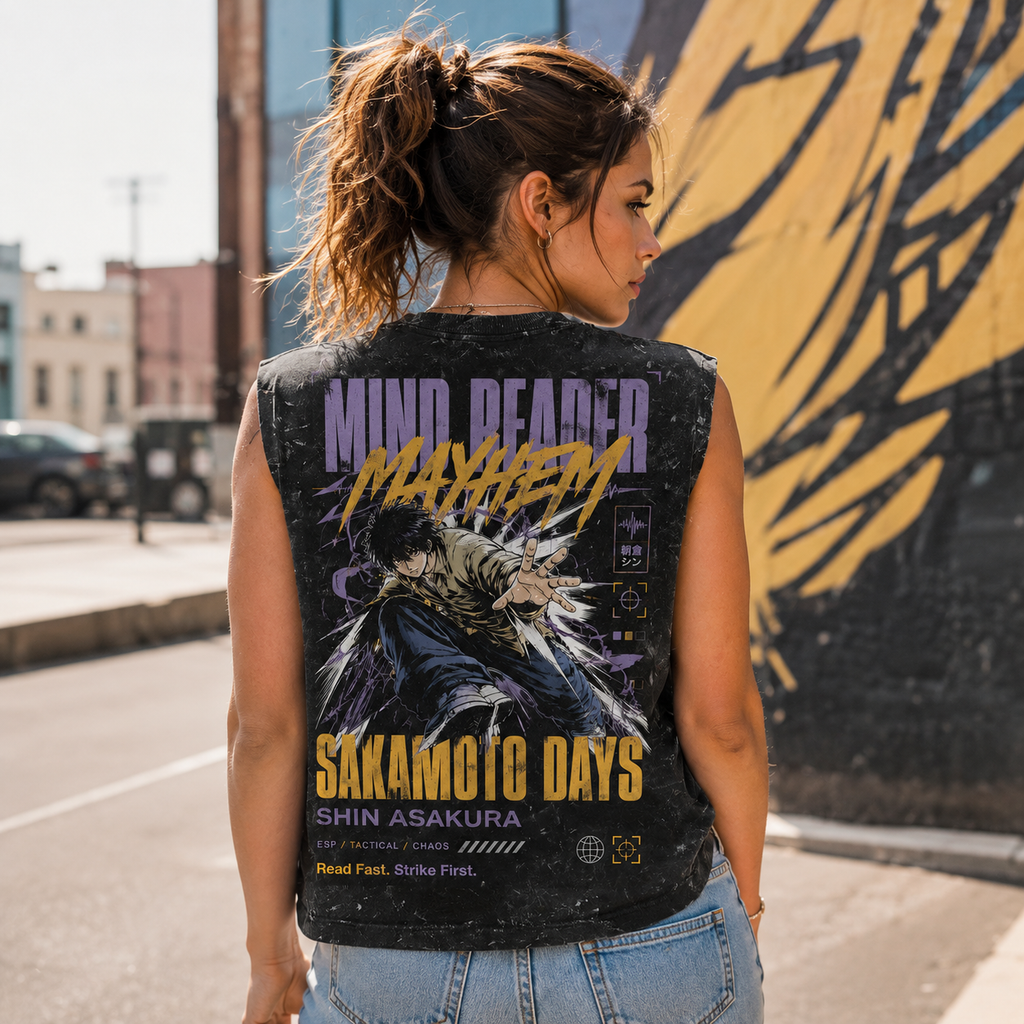 Shin Asakura Sakamoto Days Anime Tank Top - Mind Reader Mayhem Acid Wash Vest