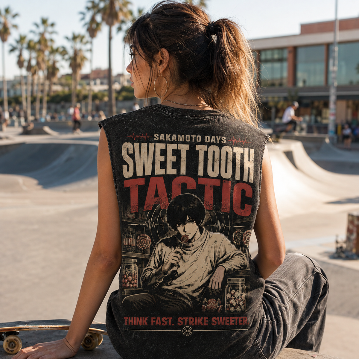 Shin Asakura Sakamoto Days Anime Tank Top - Sweet Tooth Tactic Acid Wash Vest