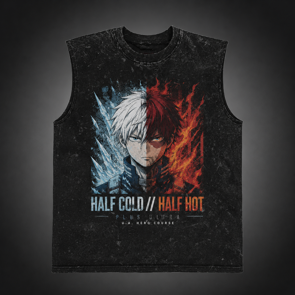 Shoto Todoroki My Hero Academia Anime Tank Top - Half Cold Half Hot Acid Wash Vest