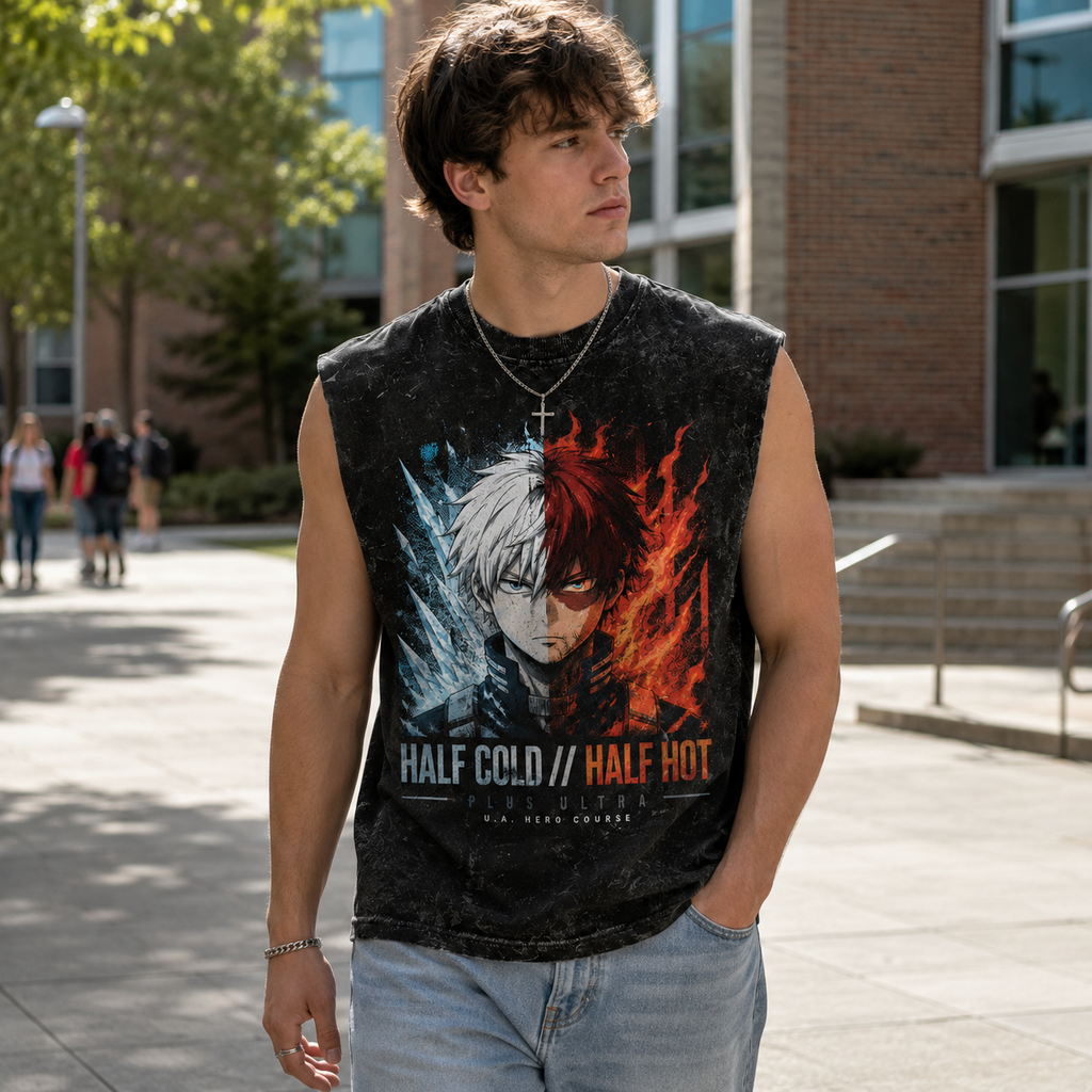 Shoto Todoroki My Hero Academia Anime Tank Top - Half Cold Half Hot Acid Wash Vest