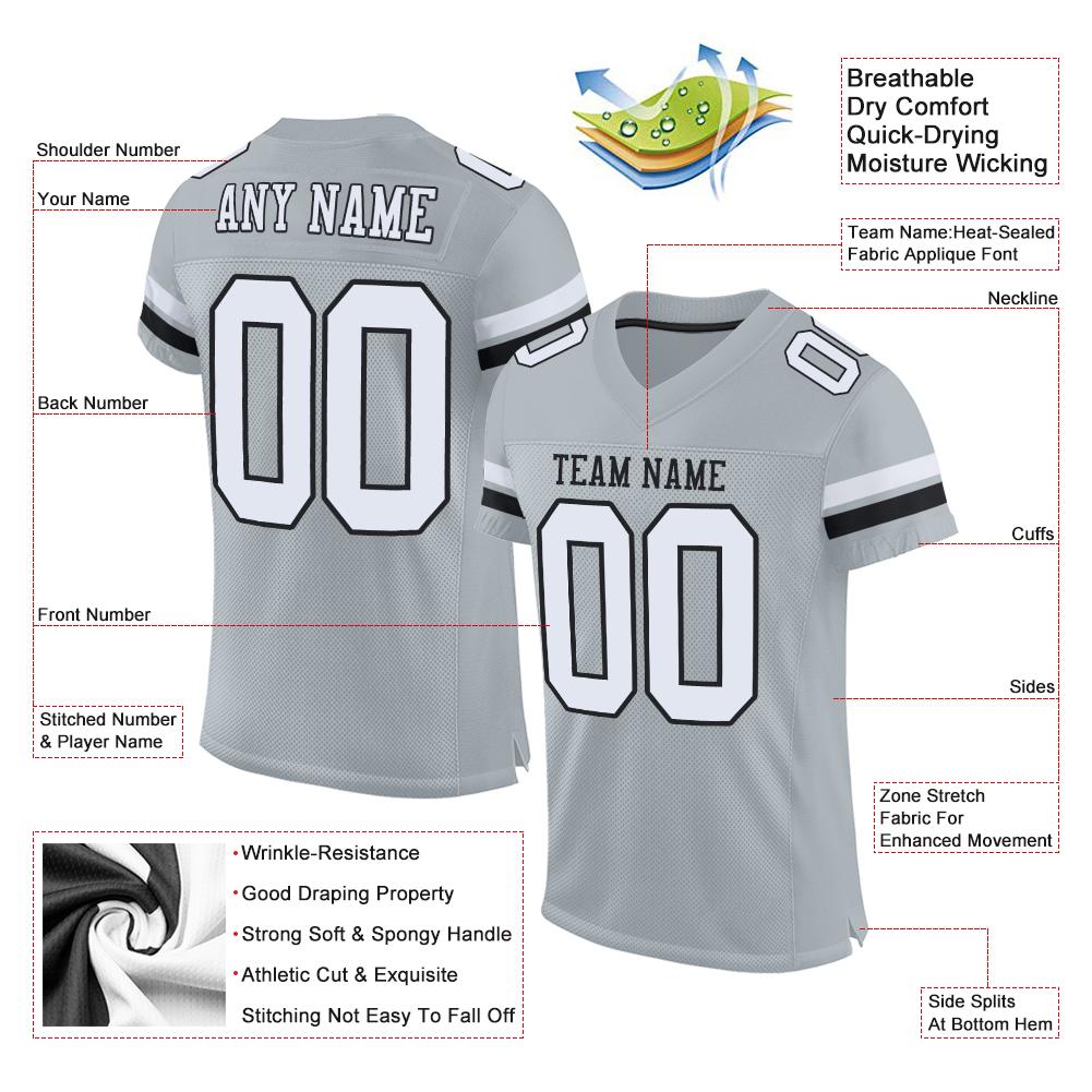 Custom Football Jersey - Silver White-Black Mesh - Style Silver0003