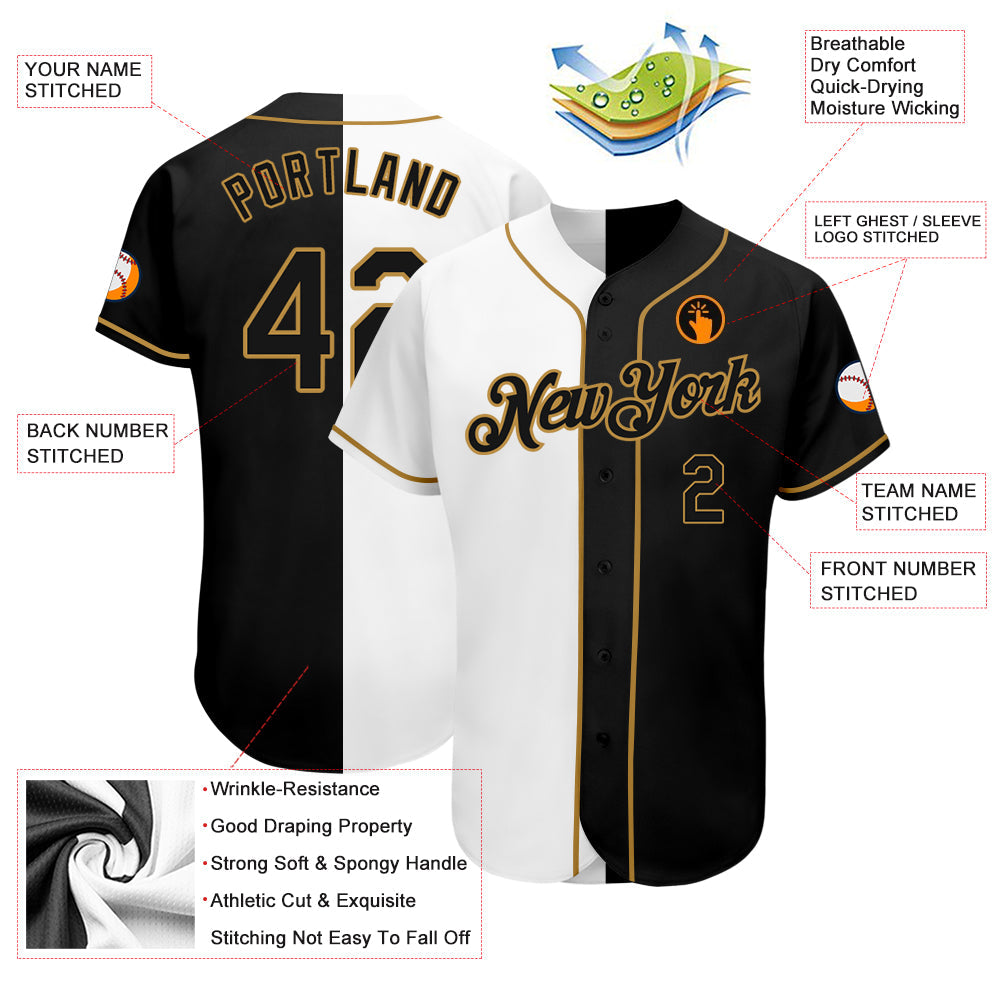 Custom Baseball Jersey - White-Black Old Gold Split Fashion