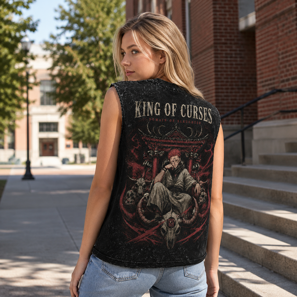Sukuna Jujutsu Kaisen Anime Tank Top - King Of Curses Acid Wash Vest