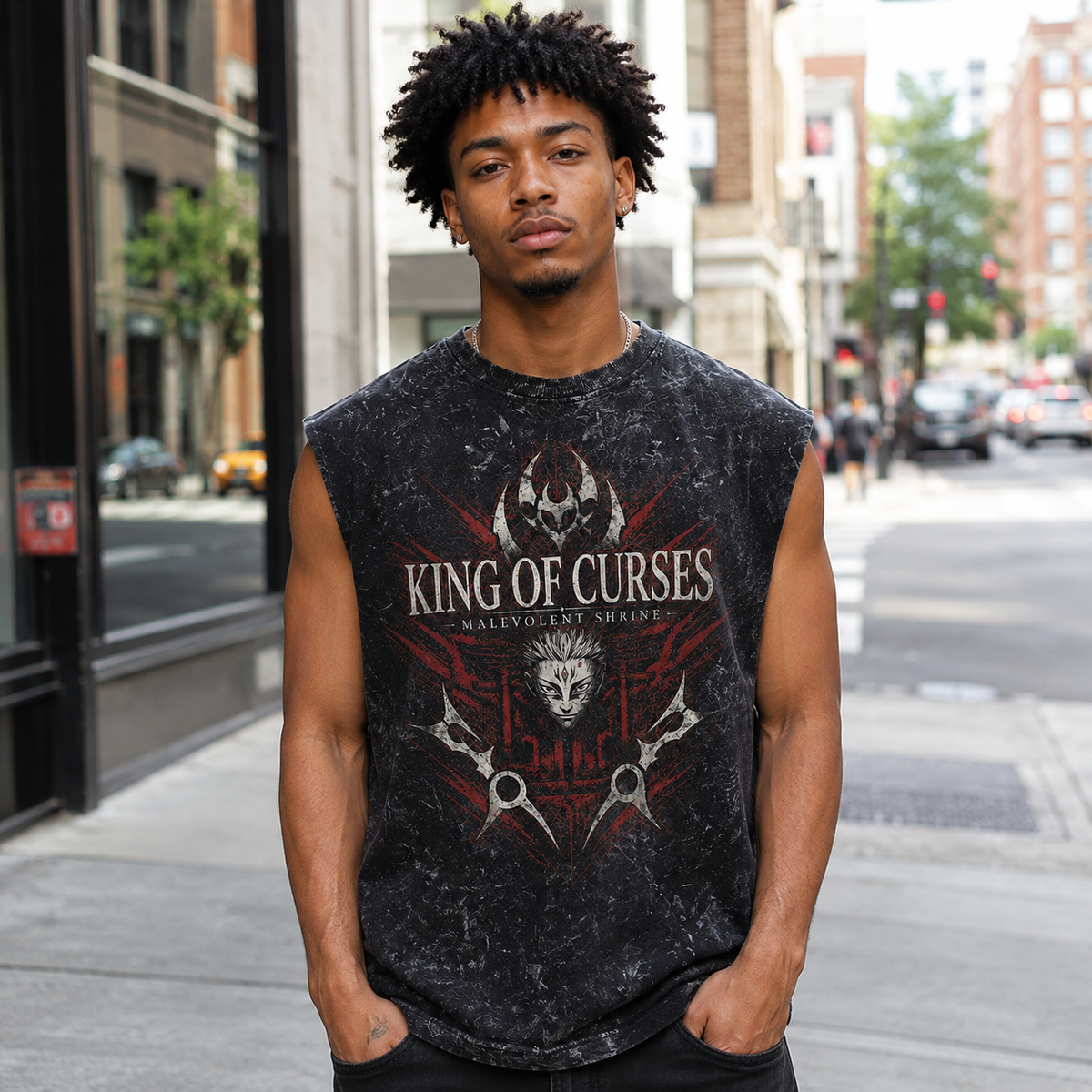Sukuna Jujutsu Kaisen Anime Tank Top - Malevolent Shrine Acid Wash Vest
