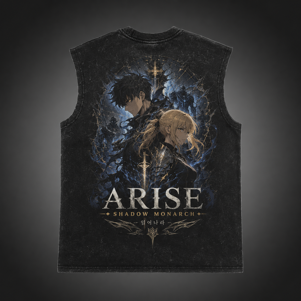 Sung Jin-Woo & Cha Hae-In Solo Leveling Anime Tank Top - Arise Together Acid Wash Vest