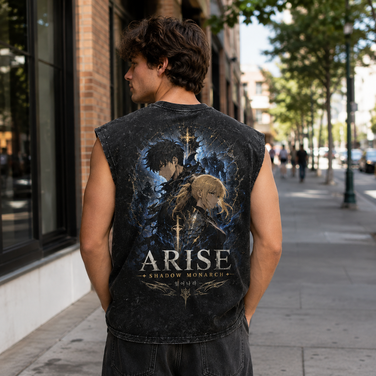 Sung Jin-Woo & Cha Hae-In Solo Leveling Anime Tank Top - Arise Together Acid Wash Vest