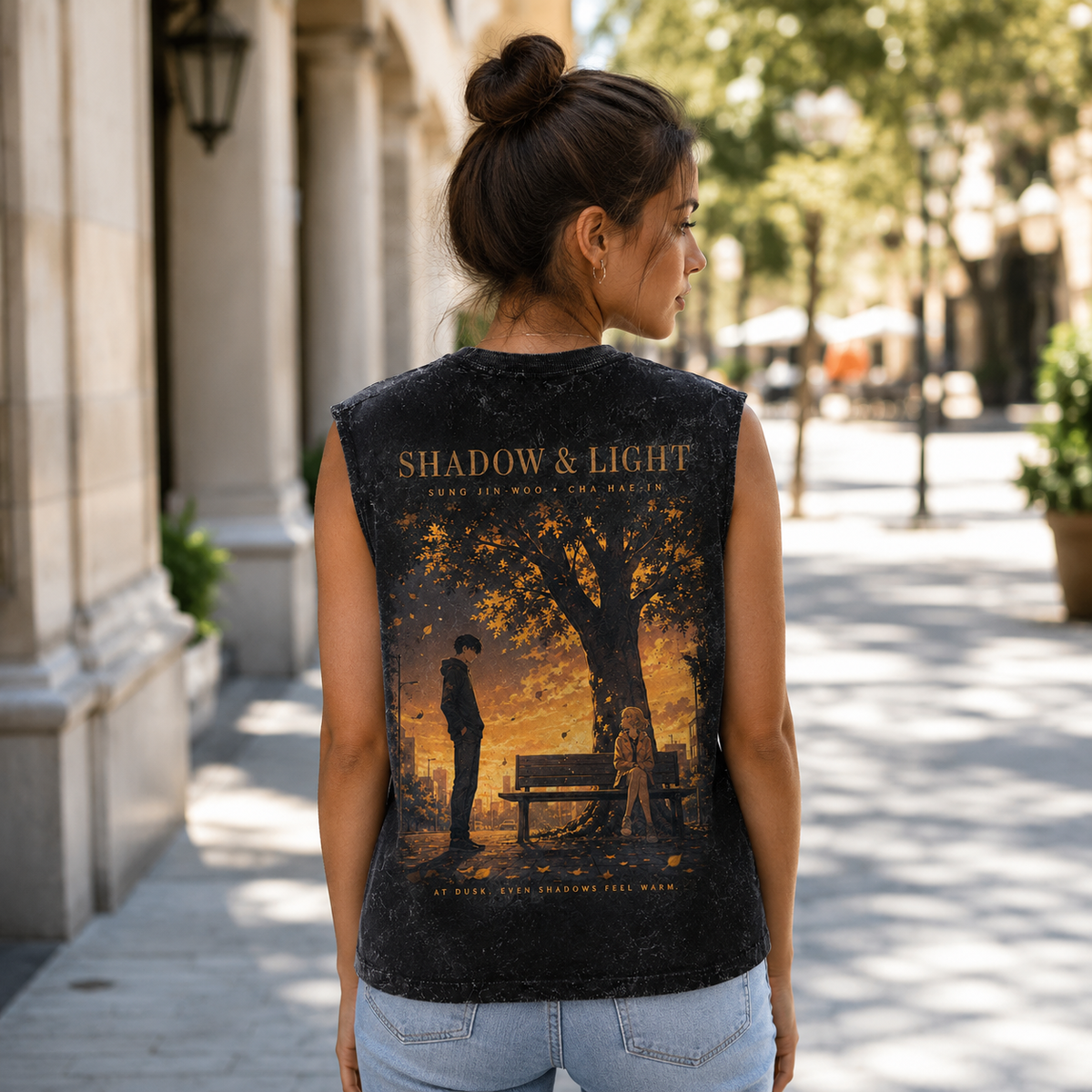 Sung Jin-Woo & Cha Hae-In Solo Leveling Anime Tank Top - Shadow And Light Acid Wash Vest