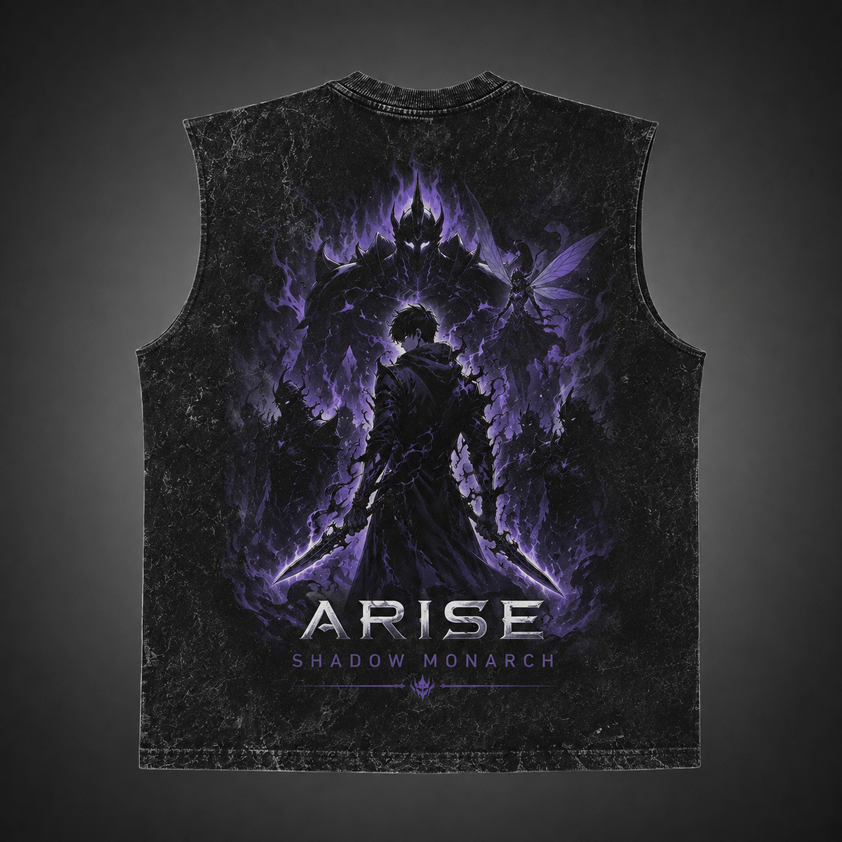 Sung Jin-Woo Solo Leveling Anime Tank Top - Arise Shadow Monarch Acid Wash Vest