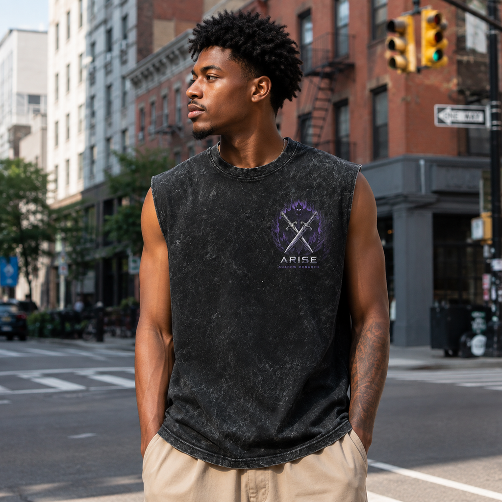 Sung Jin-Woo Solo Leveling Anime Tank Top - Arise Shadow Monarch Acid Wash Vest