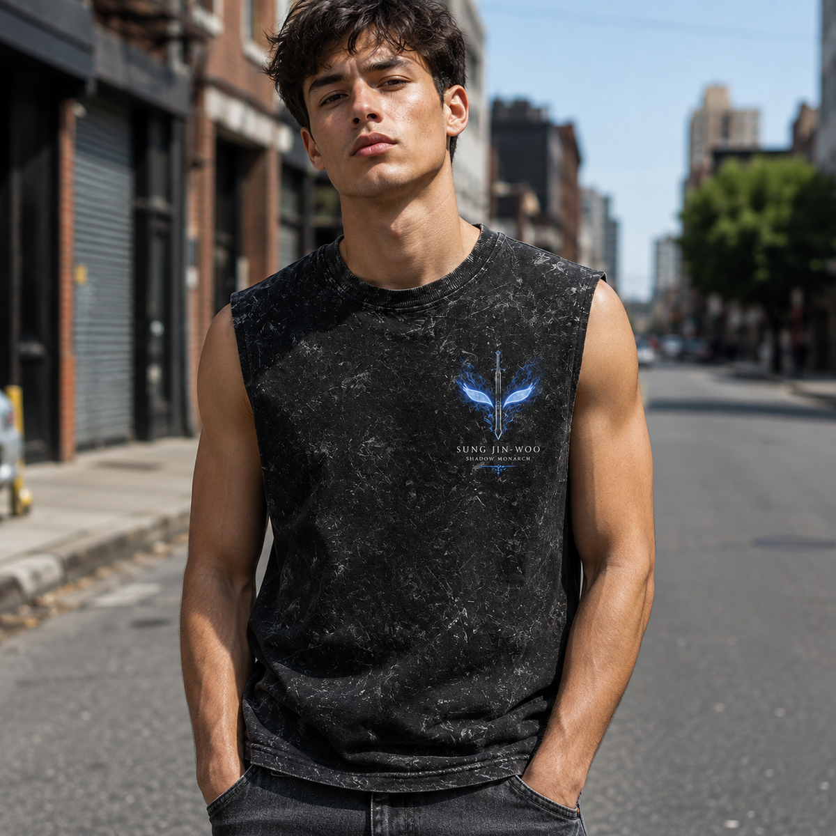 Sung Jin-Woo Solo Leveling Anime Tank Top - Monarch Of Shadows Acid Wash Vest
