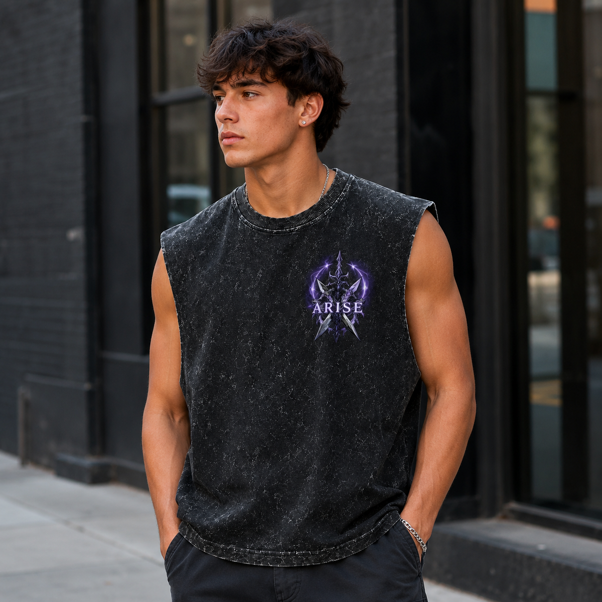 Sung Jin-Woo Solo Leveling Anime Tank Top - Shadow Monarch Arise Acid Wash Vest