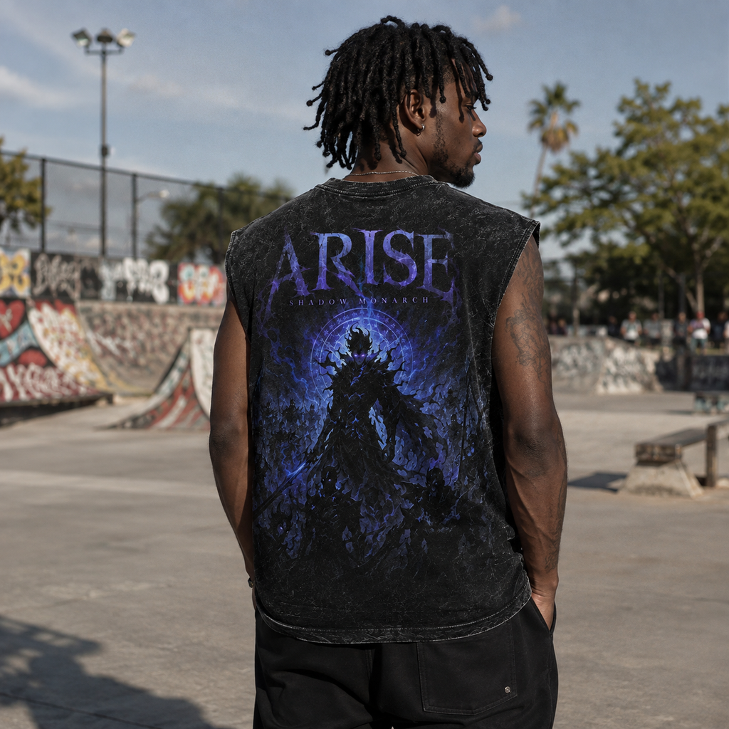 Sung Jin-Woo Solo Leveling Anime Tank Top - Shadow Sovereign Rising Acid Wash Vest
