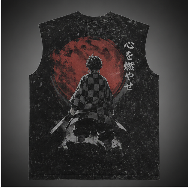 Tanjiro Kamado Demon Slayer Anime Tank Top - Crimson Moon Resolve Acid Wash Vest
