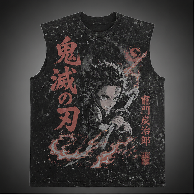 Tanjiro Kamado Demon Slayer Anime Tank Top - Crimson Moon Resolve Acid Wash Vest