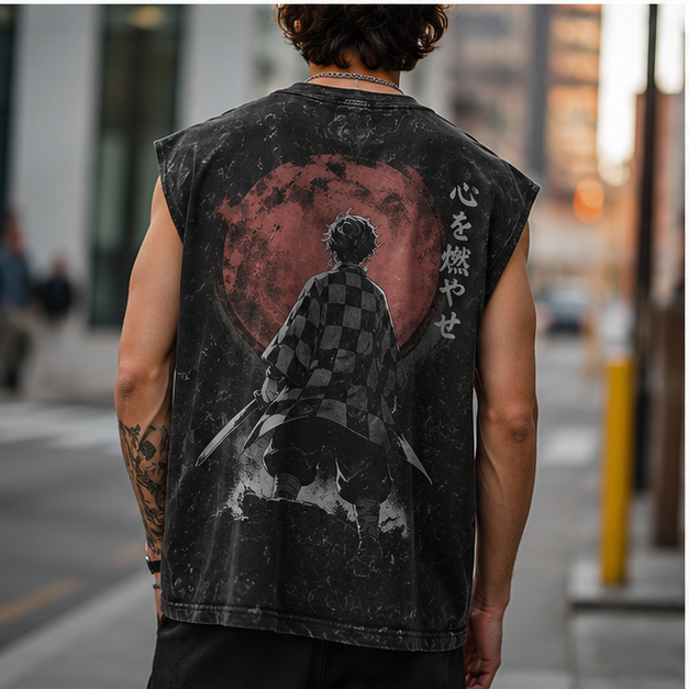Tanjiro Kamado Demon Slayer Anime Tank Top - Crimson Moon Resolve Acid Wash Vest
