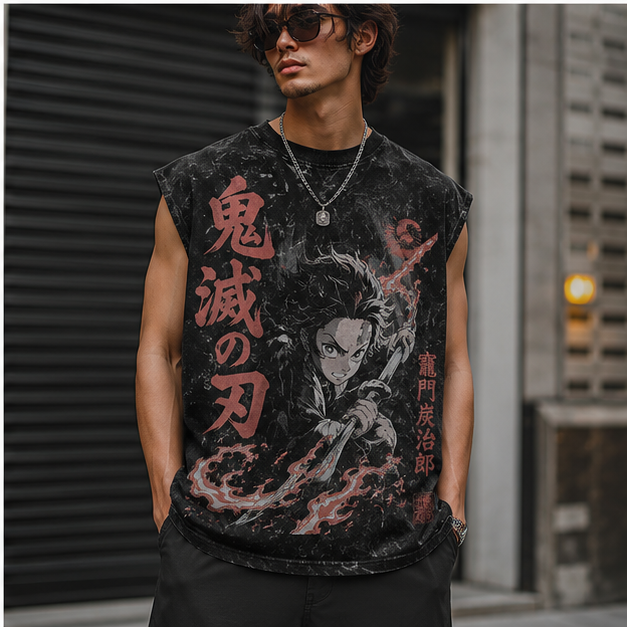 Tanjiro Kamado Demon Slayer Anime Tank Top - Crimson Moon Resolve Acid Wash Vest