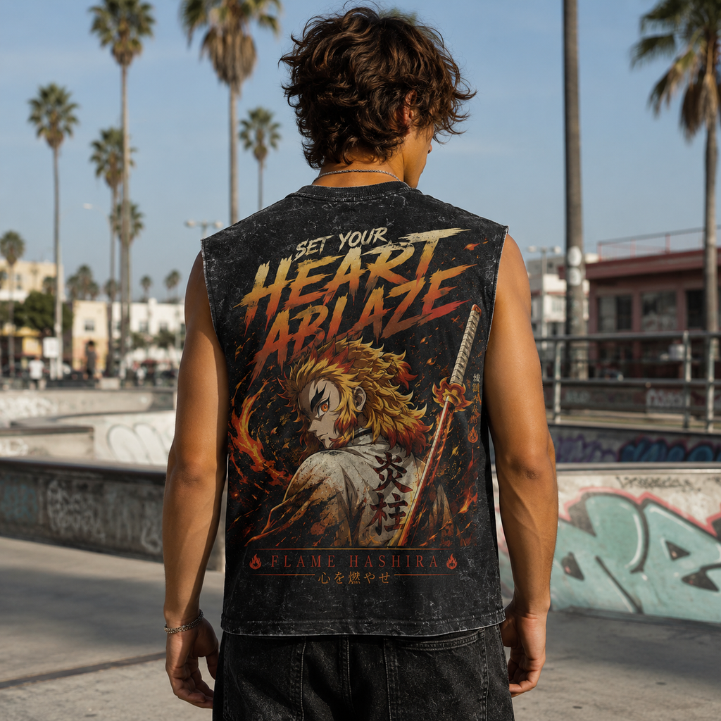 Tanjiro Kamado Demon Slayer Anime Tank Top - Cut The Darkness Acid Wash Vest