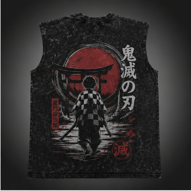 Tanjiro Kamado Demon Slayer Anime Tank Top - Torii Gate Path Acid Wash Vest