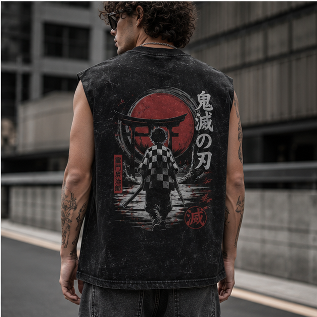 Tanjiro Kamado Demon Slayer Anime Tank Top - Torii Gate Path Acid Wash Vest