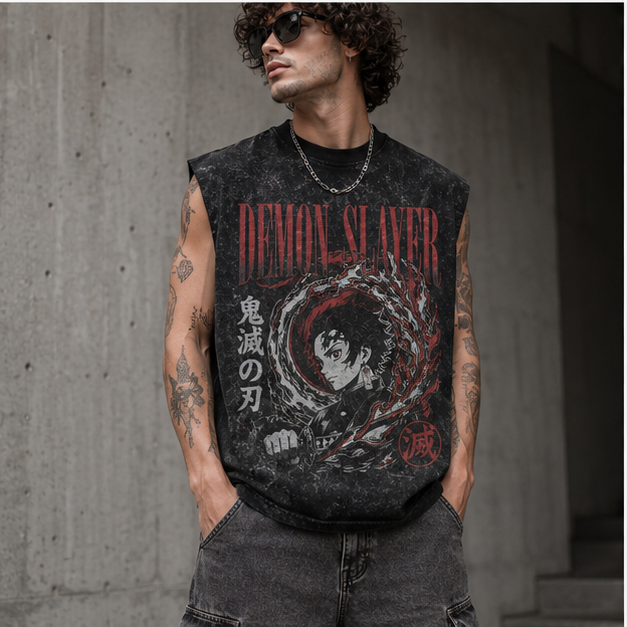 Tanjiro Kamado Demon Slayer Anime Tank Top - Torii Gate Path Acid Wash Vest