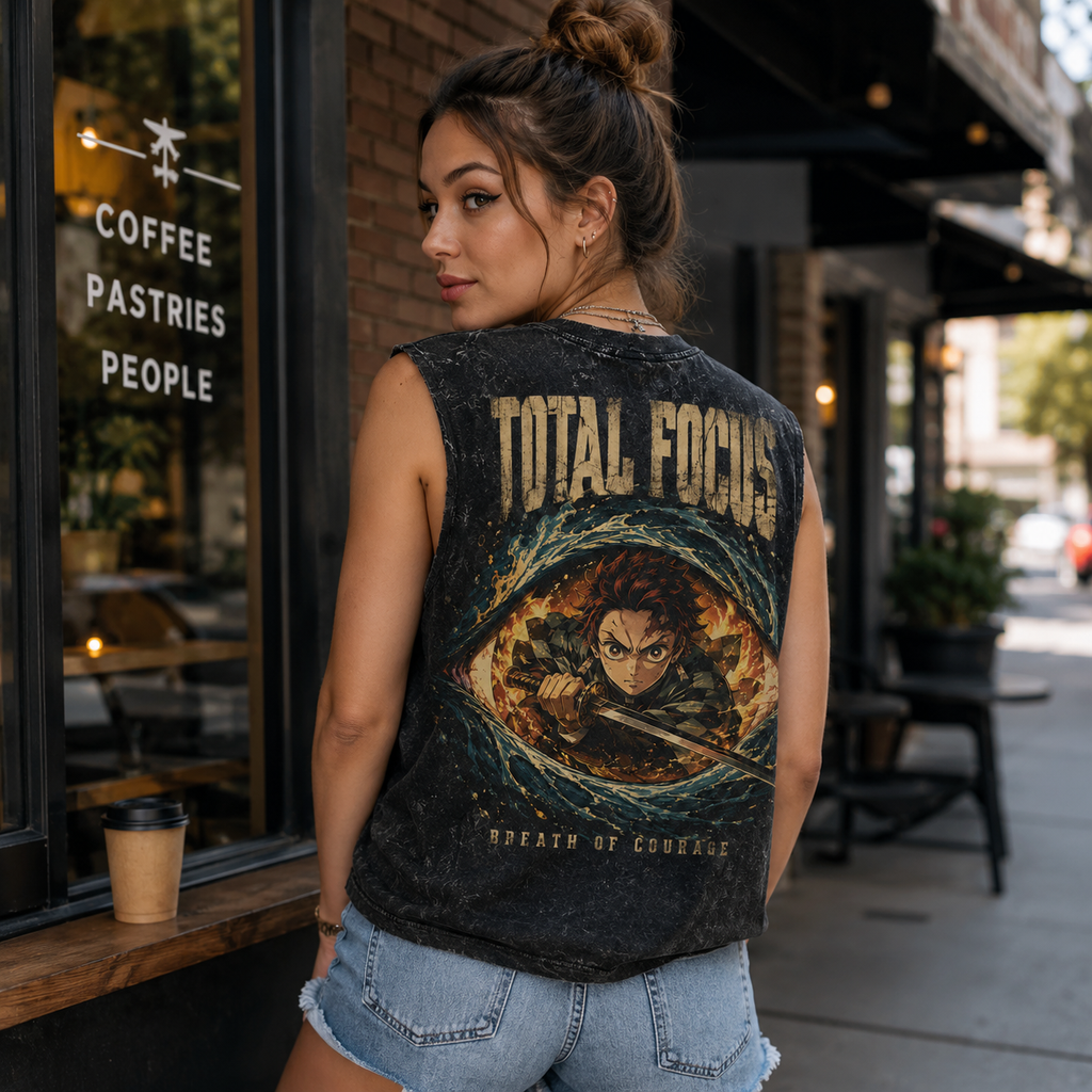 Tanjiro Kamado Demon Slayer Anime Tank Top - Total Focus Acid Wash Vest