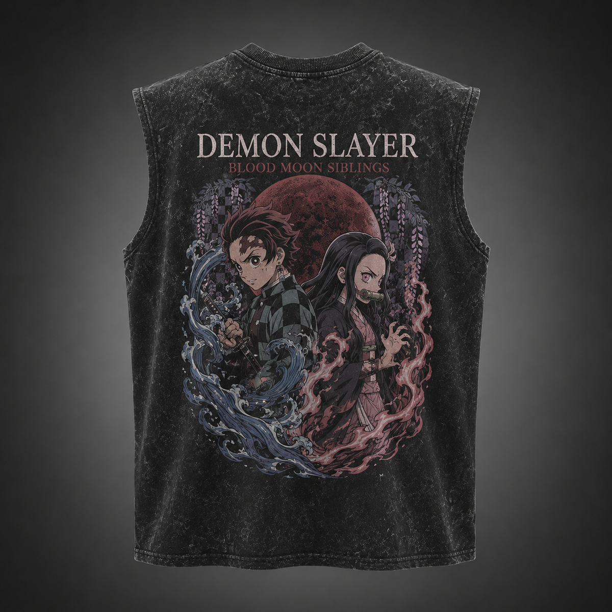 Tanjiro Kamado & Nezuko Kamado Demon Slayer Anime Tank Top - Blood Moon Siblings Acid Wash Vest