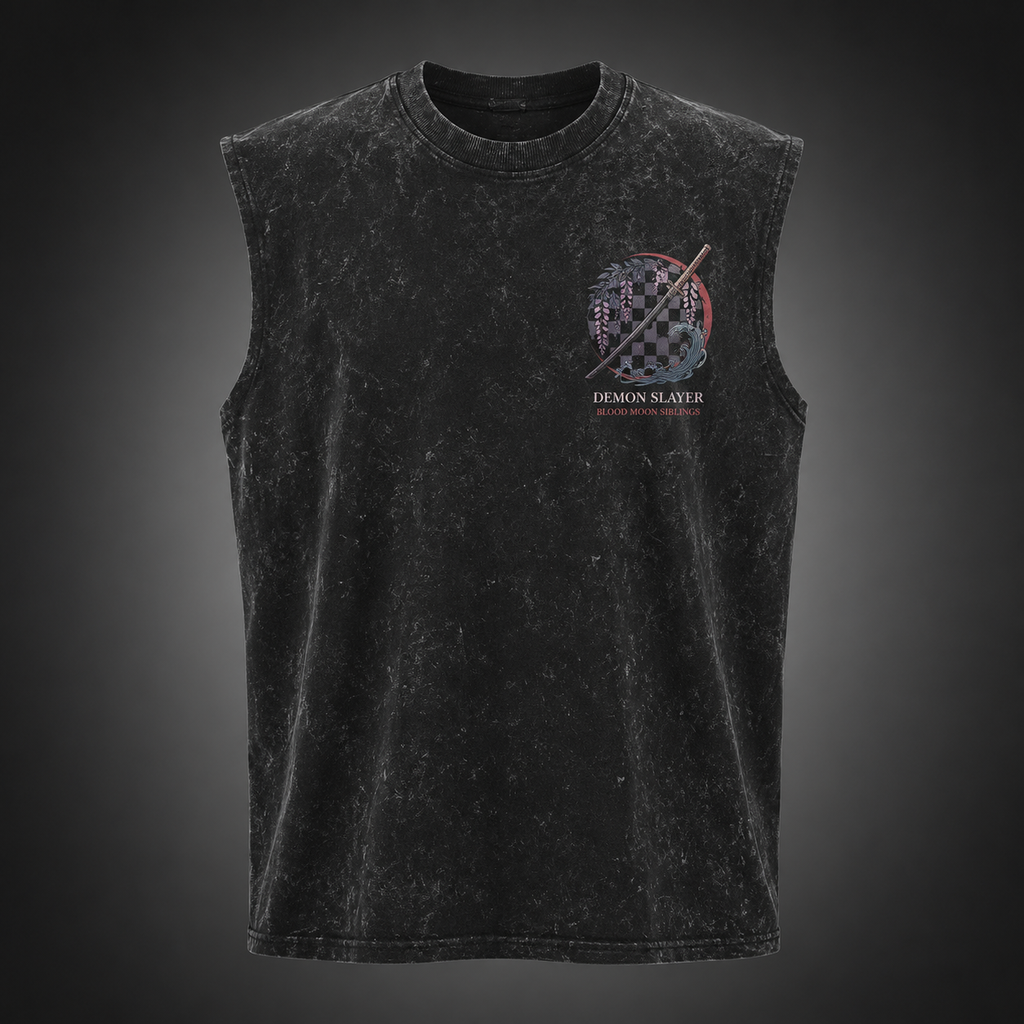 Tanjiro Kamado & Nezuko Kamado Demon Slayer Anime Tank Top - Blood Moon Siblings Acid Wash Vest