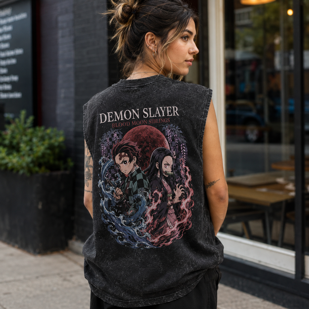 Tanjiro Kamado & Nezuko Kamado Demon Slayer Anime Tank Top - Blood Moon Siblings Acid Wash Vest